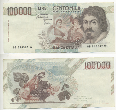Италия 100000 лир 1983 Караваджо, фруктовый букет, подпись Speziali Pick 110b бумага 7220-29-2