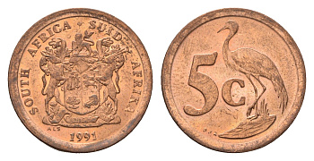 ЮАР 5 центов 1991 герб, райский журавль KM 134 сталь плакированная медью UNC 4687-149