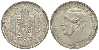 Брауншвейг-Каленберг-Ганновер 1/6 талера 1860 В, Георг  V (1851-1866) KM 238, Jaeger 95 AKS 145 серебро  aUNC  413-2022