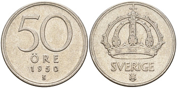 Швеция 50 эре 1950 TS, Густав V (1907-1950) KM 817 серебро 4148-911