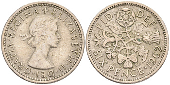 Великобритания 6 пенсов 1962 Елизавета II (1952-2022) KM 903, Spink 4149 медно-никель 192-237