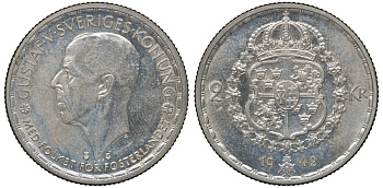 Швеция 2 кроны 1942 G, Густав V KM 815 серебро 4178-1341
