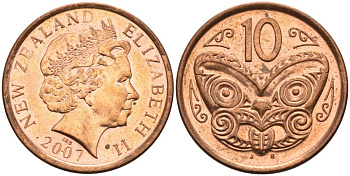 Новая Зеландия 10 центов 2007 маска Маори, Елизавета II (1952-) KM 117а сталь плакированная медью 4179-737
