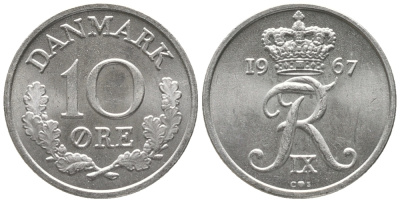 Дания 10 эре 1967 C; S, Фредерик IX (1947-1972) KM 849.1 медно-никель UNC 100-1146