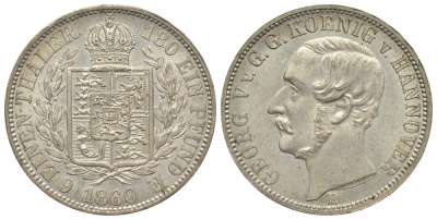 Брауншвейг-Каленберг-Ганновер 1/6 талера 1860 В, Георг  V (1851-1866) KM 238, Jaeger 95 AKS 145 серебро  aUNC  413-2022