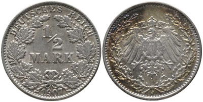 ГЕРМАНИЯ 1/2 МАРКИ 1907 J KM 17, J. 16, Weege 16 серебро 4448-753