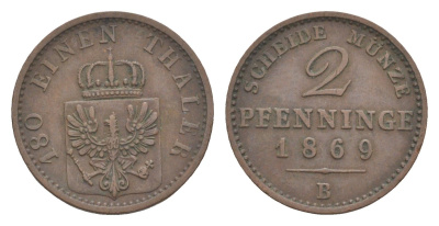 Пруссия 2 пфеннига 1869 B, Вильгельм I (1861-1888) KM 481, Jaeger 51, AKS 107, Olding 425 медь 4651-324