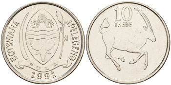Ботсвана 10 тхебе 1991 KM 5a сталь плакированная никелем UNC 3856-1217