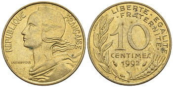 Франция 10 сантимов 1992 тип Marianne KM 929 медь алюминий никель 4609-311