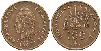 Французская Новая Каледония 100 франков 1987 хижина среди сосен и пальм, (IEOM) KM 15, Schoen 16, Lec 135 никель бронза 88-522