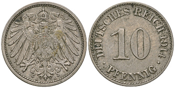 Германия 10 пфеннигов 1914 A KM 12, J. 13 медно-никель 4589-541