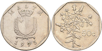 Мальта 50 центов 1995 девясил KM 98 медно-никель 92-636