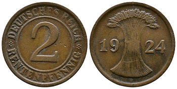 ГЕРМАНИЯ 2 РЕНТЕНПФЕННИГА 1924 D KM 31, J.307 бронза 86-1446
