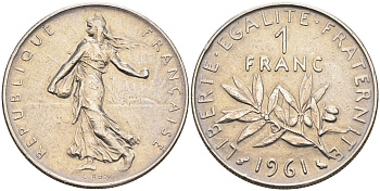 Франция 1 франк 1961 сеятель KM 925.1 никель    4177-233