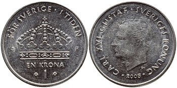 Швеция 1 крона 2005 Карл XVI Густав (1973- ) KM 894 медно-никель 93-911
