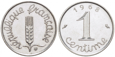 ФРАНЦИЯ 1 САНТИМ 1968 KM 928, LE FRANC 106.15 нержавеющая сталь UNC 112-565