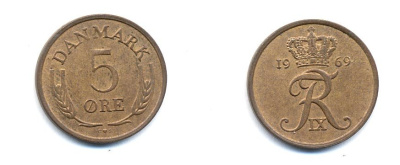 ДАНИЯ 5 ЭРЕ 1969 C; S, ФРЕДЕРИК IX (1947-1972) KM 848.1 бронза 4379-1023