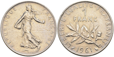 Франция 1 франк 1961 сеятель KM 925.1 никель    4177-233