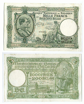 Бельгия 1000 франков = 200 бельгас 1943 Pick 110 бумага 451-1259-1