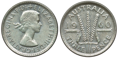 Австралия 3 пенса 1960 m, Елизавета II (1952-2022) KM 57 серебро 71-629