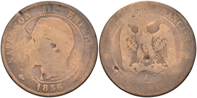 Франция 10 сантимов 1856 A, Наполеон III (1852-1870) KM 771.1, Le Franc 133.32 бронза 63-955
