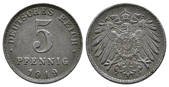 ГЕРМАНИЯ 5 ПФЕННИГОВ 1919 А KM 19, J. 297 железо 4380-151