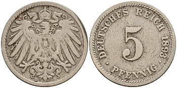 Германия 5 пфеннигов 1893 D J.12  KM 11 медно-никель    4598-1069
