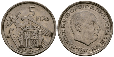 Испания 5 песет 1957 Франсиско Франко (1939 - 1975) KM 786 медно-никель 4177-857