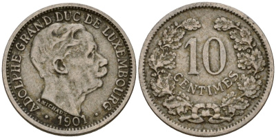 Люксембург 10 сантимов 1901 Адольф (1890-1905) KM 25 медно-никель 4602-449