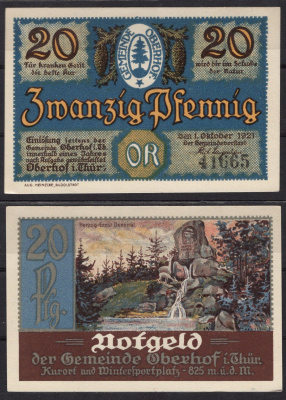 Германия, Оберхоф 20 пфеннигов 1921 Нотгельд, юбилейный выпуск Gra 996.4-6/18 бумага 7555-46-3-1