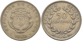КОСТА-РИКА 50 СЕНТИМО 1968 В.С.С.R. KM 189.3 медно-никель 82-942