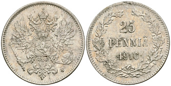 Россия для Финляндии 25 пенни 1916 S, Николай II (1894-1917) KM 6.2, Биткин 421 серебро aUNC 4580-1245