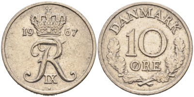 Дания 10 эре 1967 C; S, Фредерик IX (1947-1972) KM 849.1 медно-никель 4564-844