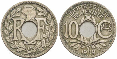 ФРАНЦИЯ 10 САНТИМОВ 1919 ТИП ЛИНДАЙЁ KM 866а, LE FRANC 138.3 медно-никель 108-126