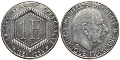 ФРАНЦИЯ 1 ФРАНК 1988 ШАРЛЬ ДЕ ГОЛЛЬ, 30 ЛЕТ РЕСПУБЛИКЕ KM 963 никель 93-1143