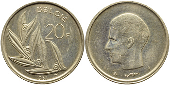 БЕЛЬГИЯ 20 ФРАНКОВ 1981 BELGIE KM 160 никель бронза 75-331