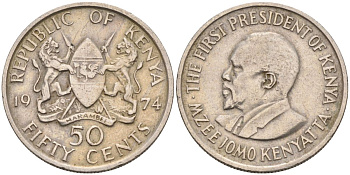 Кения 50 центов 1974 Джомо Кениата KM 13 медно-никель 4124-754