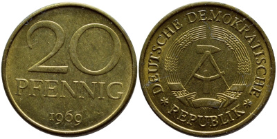 ГДР 20 пфеннигов 1969 А, первый год KM 11 латунь UNC 73-341