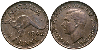 Австралия 1 пенни 1942 b, Георг VI (1936-1952), кенгуру, с буквой I KM 36 бронза 4557-1133