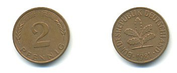 ФРГ 2 ПФЕННИГА 1981 G KM 106a, J.381a сталь плакированная сталь плакированная медьюю 54-2325