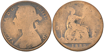 Великобритания 1 пенни 1882 Виктория (1837-1901) KM 755, Spink 3954 бронза 221-1142