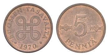 Финляндия 5 пенни 1970 KM 45 медь 4647-261