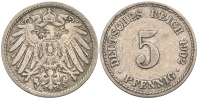 ГЕРМАНИЯ 5 ПФЕННИГОВ 1902 A, KM 11, J. 12 медно-никель 73-1566