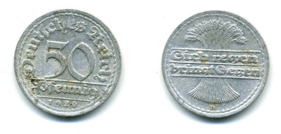 ГЕРМАНИЯ 50 ПФЕННИГОВ 1920 D KM 27, J. 301 алюминий 54-1213