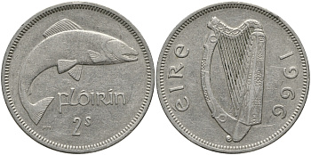 ИРЛАНДИЯ 1 ФЛОРИН - 2 ШИЛЛИНГА 1966 ЛОСОСЬ KM 15а медно-никель 650-1635