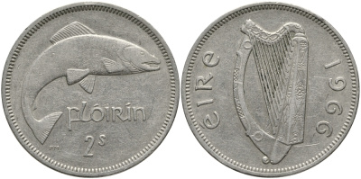 ИРЛАНДИЯ 1 ФЛОРИН - 2 ШИЛЛИНГА 1966 ЛОСОСЬ KM 15а медно-никель 650-1635