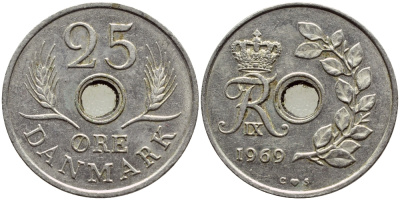 Дания 25 эре 1969 С;S, Фредерик IX (1947-1972) KM 855 медно-никель 4398-956