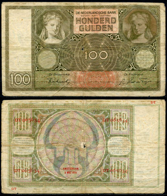 Нидерланды 100 гульденов 1941 2 мая 1941 Pick 51 b бумага 8619-15-2-1