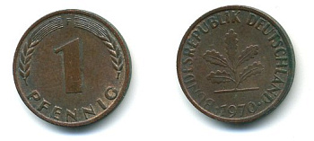 ФРГ 1 ПФЕННИГ 1970 F KM 105, J.380 сталь плакированная медью 3999-1041