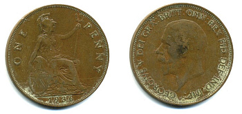 Великобритания 1 пенни 1936 Георг V (1910-1936) KM 838, Spink 4055 бронза 41-1245